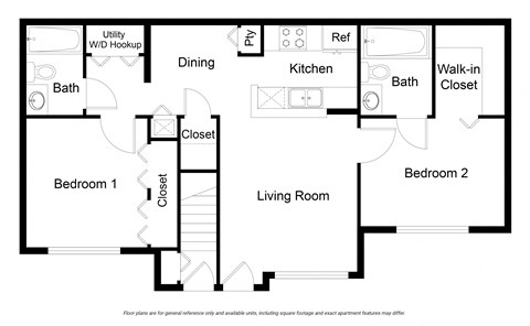 Floor plan for 2 beds, 2 baths, 1056 sqft